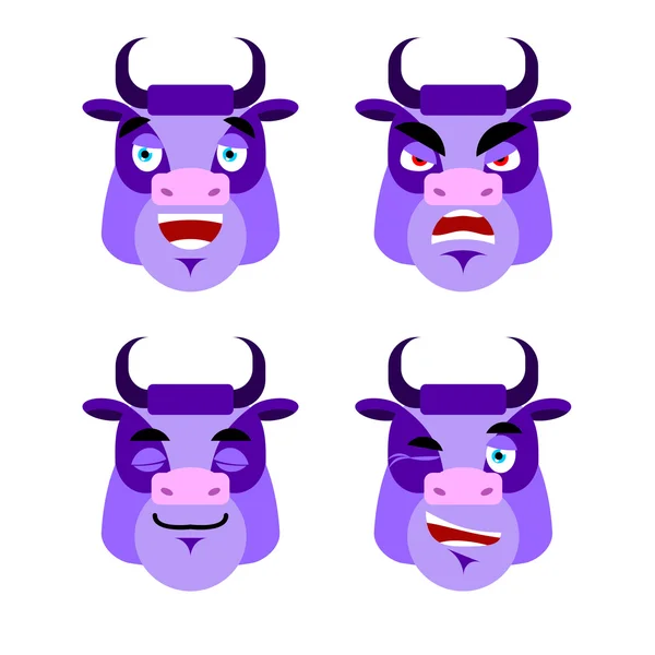 Purple cow Emotions. Set expressions avatar bull. Good and evil. — Stock Vector