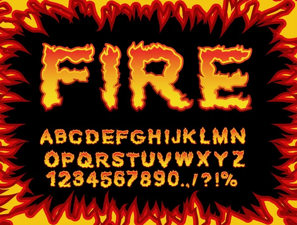 Carattere di fuoco. Alfabeto delle fiamme. Lettere ardenti. ABC in fiamme. Typog caldo — Vettoriale Stock
