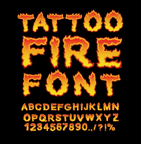 Tattoo brand lettertype. Vlam alfabet. Vurige letters. Brandende ABC. Ho — Stockvector