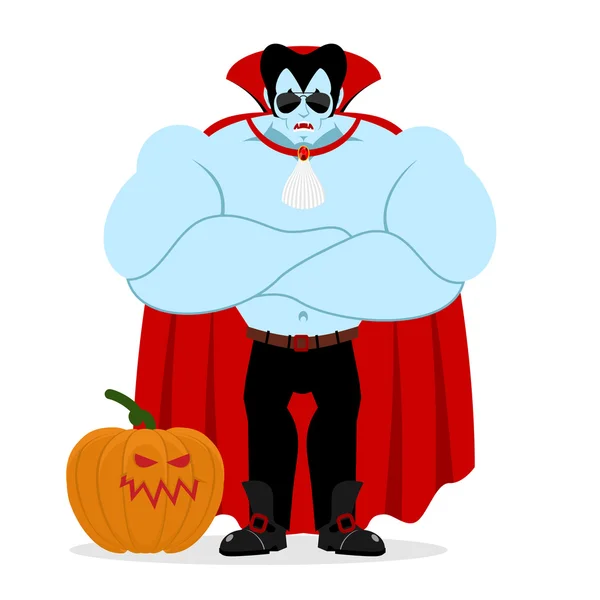 Drácula y calabaza. Serious Potente vampiro protege vegetal . — Vector de stock