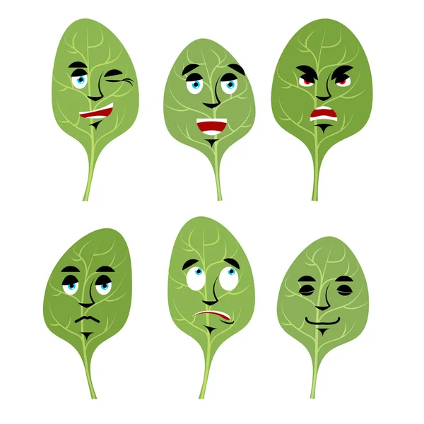 Émotions épinards. Définir les expressions avatar greens. feuille de laitue Go — Image vectorielle