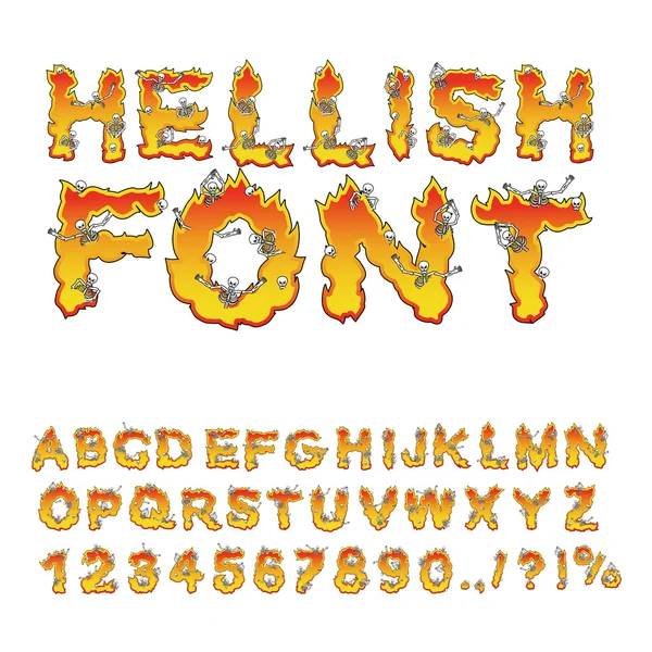 Helse lettertype. Inferno ABC. Brand letters. Zondaars in Hellfire. H — Stockvector