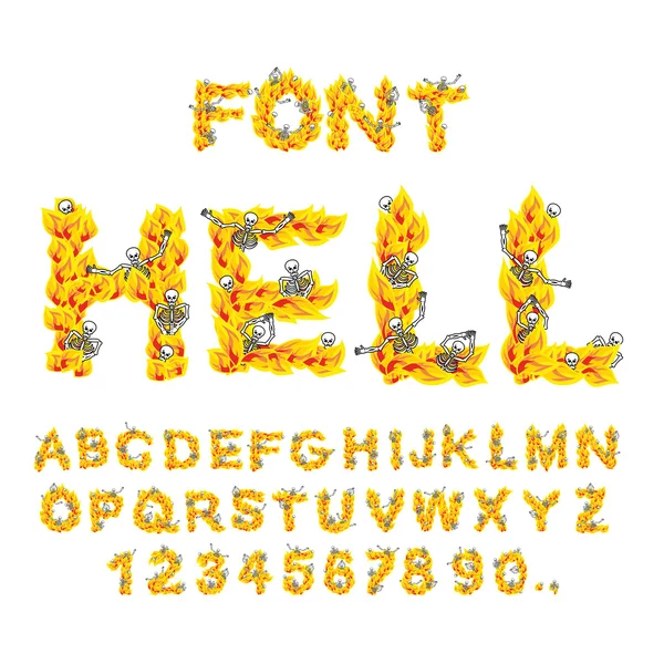 Hel lettertype. Inferno Abc. Brand brieven. Zondaars in hellfire. Helli — Stockvector