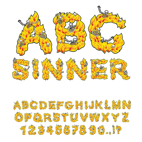 Sinner font. Letters from flames. Skeletons in hell fire. Hellfi — Stock Vector