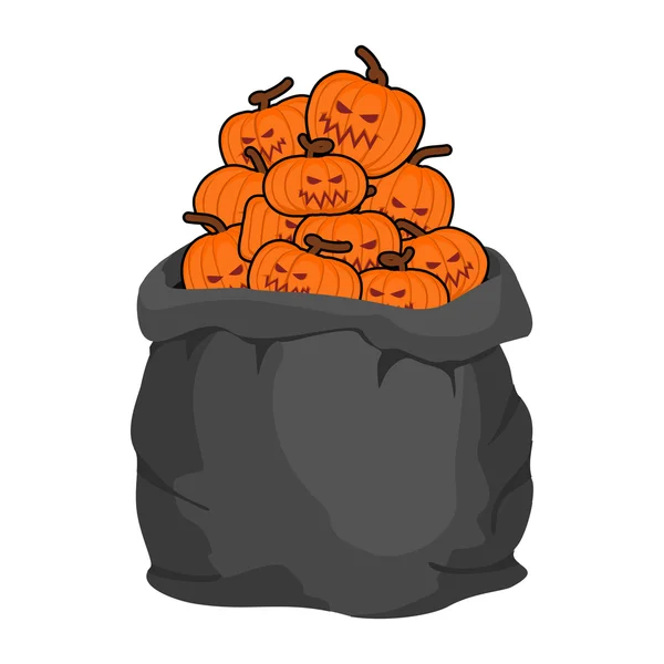 Bag scary pumpkins for Halloween. Full sack of vegetables for te — Stock Vector