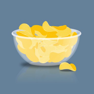 Kabın içinde patates cipsi. Kızarmış patates derin şeffaf plaka. 