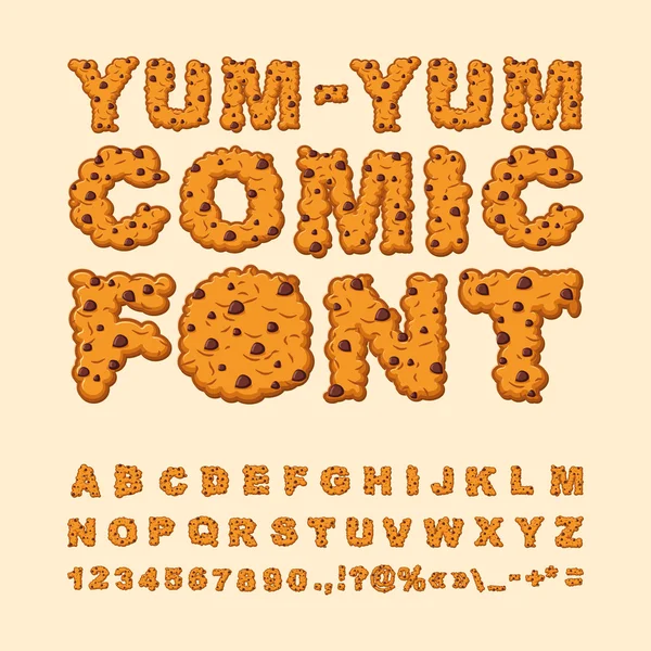 Yum Yum comic font. Letters of cookies. Biscuits with chocolate — Stock vektor