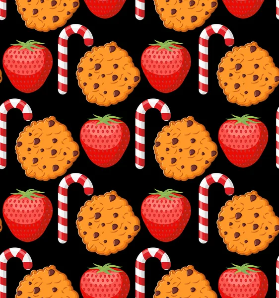 Doux motif. Cookies et ornement de bâton de menthe. Arbre à fraises — Image vectorielle