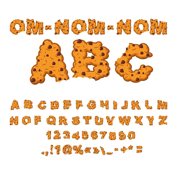 Om nom nom ABC. Cookies font. Biscuits with chocolate Drops alph — Stock Vector