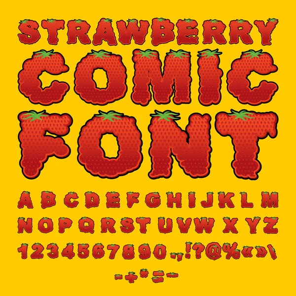 Aardbei Comic lettertype. Berry ABC. Rood vers fruit alfabet. Lett — Stockvector