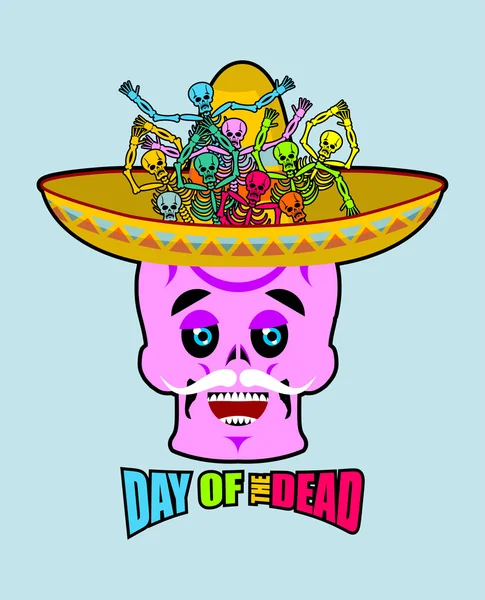 Den mrtvých kostry a sombrero. Multi-barevné lebky v M — Stockový vektor