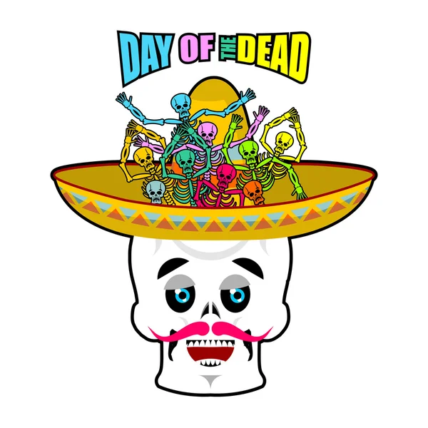 Den mrtvých kostry a sombrero. Multi-barevné lebky v M — Stockový vektor