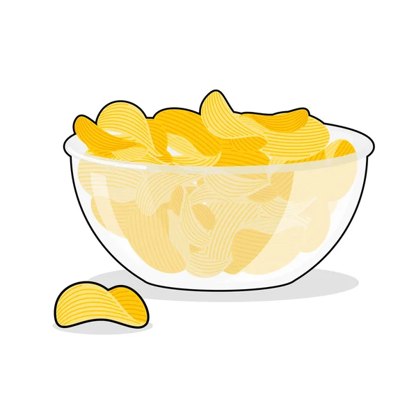 Potato Chips in bowl. Fried potatoes in deep transparent plate. — Stock Vector