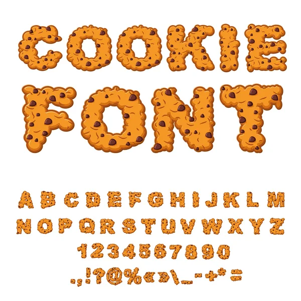 Cookies font. Biscuits with chocolate Drops alphabet. Letters of — Stock Vector