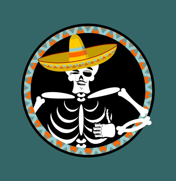 Skelette und Sombrero. Tag der Toten. Mehrfarbiger Totenkopf in — Stockvektor