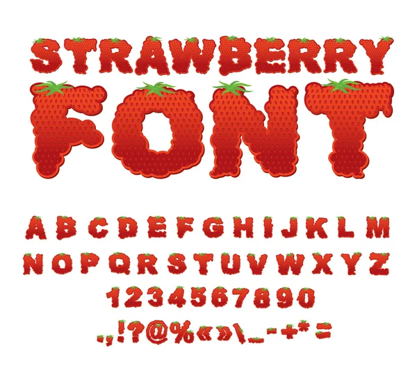 Jordgubbs-typsnitt. Bär ABC. Röd färsk frukt alfabetet. Bokstäver fr — Stock vektor