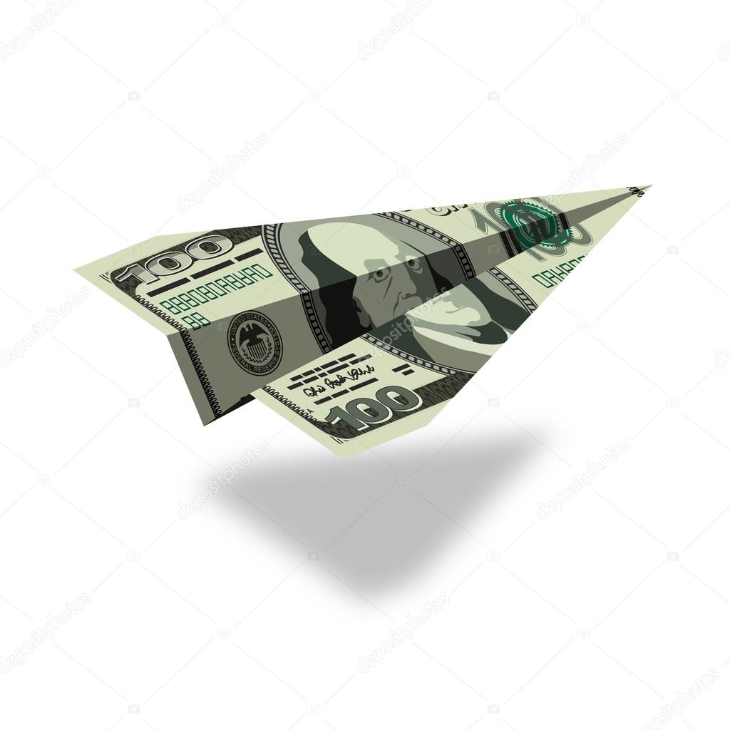 Aircraft dollars. Money banknote paper airplane. Financial illus