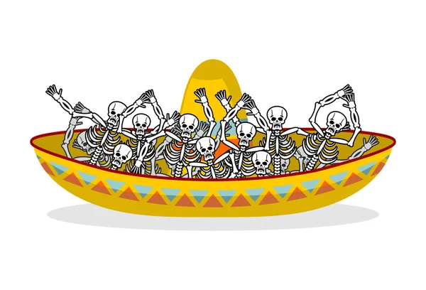 Día de los Muertos esqueletos y sombrero. Cráneo multicolor en M — Vector de stock