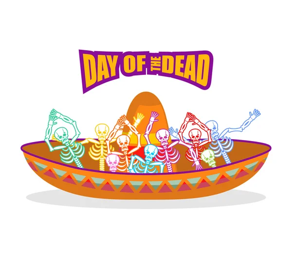 Dzień zmarłych szkielety i sombrero. Wielobarwne czaszki w M — Wektor stockowy