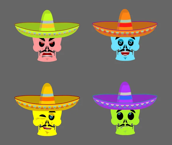 Día de los Muertos esqueletos y sombrero. Cráneo multicolor en M — Vector de stock