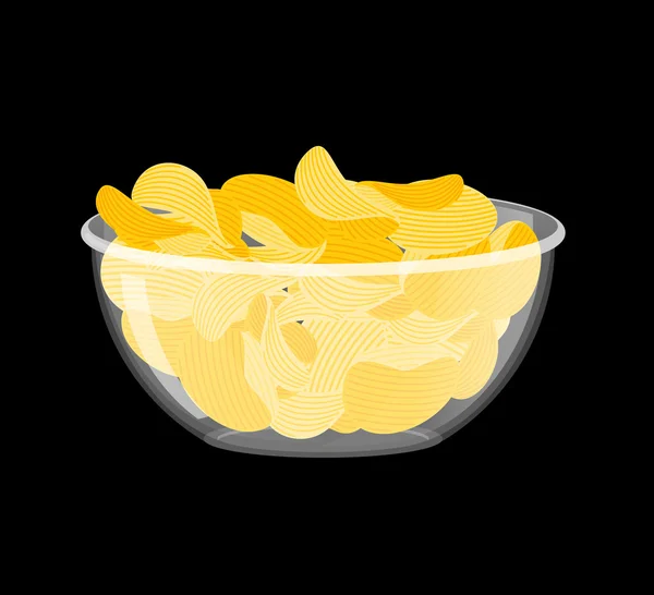 Potato Chips in bowl. Fried potatoes in deep transparent plate. — Stock Vector