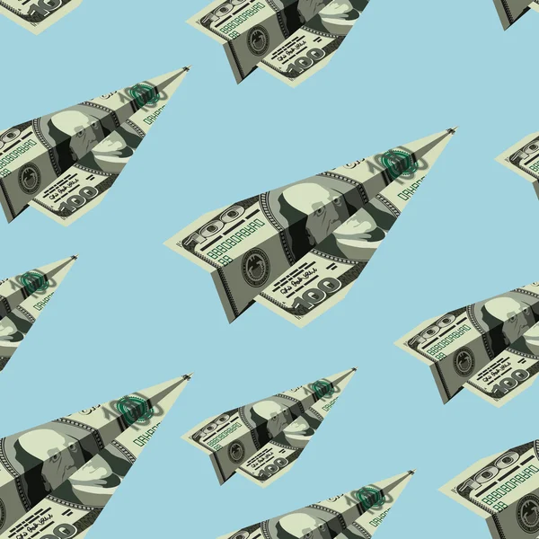 Самолетные доллары бесшовный шаблон. Банкнота бумажный самолет — стоковый вектор