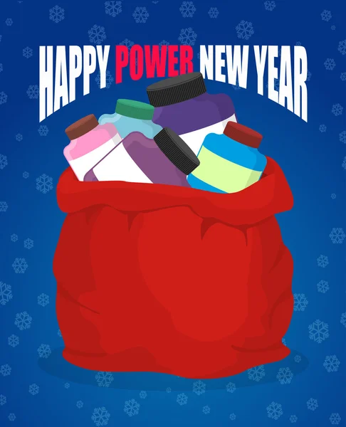 Happy power new year. Protein in red sack of Santa Claus. Big ba — ストックベクタ