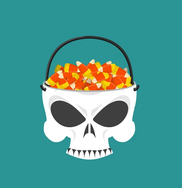 Happy halloween skull basket candy corn. Trick or treat. Sweets — Stock vektor