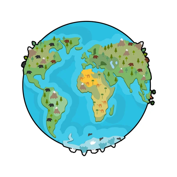 Planète Terre et animaux. Bête sur les continents. Carte du monde. Géogra — Image vectorielle