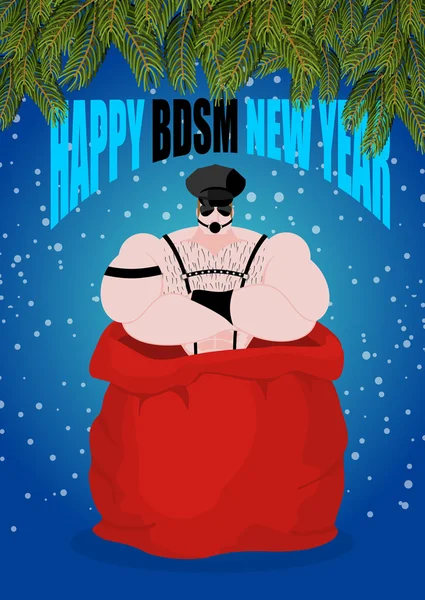 Felice anno nuovo BDSM. Schiavo del sesso nella borsa rossa di Babbo Natale. Adulti — Vettoriale Stock