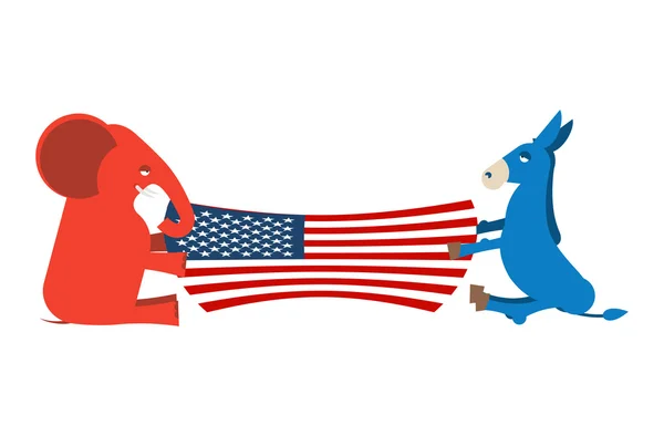 Elefant und Esel teilen sich eine Fahne. politische Partei Amerikas. — Stockvektor
