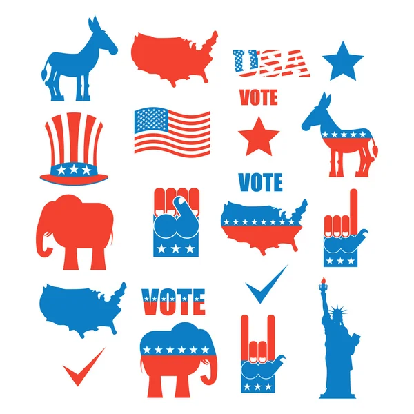 Set di icone delle elezioni americane. Elefante repubblicano e democratico — Vettoriale Stock