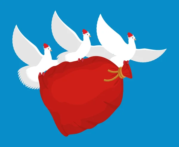 Pigeon Santa Claus carries sack with gifts. Red bag for toys and — Διανυσματικό Αρχείο