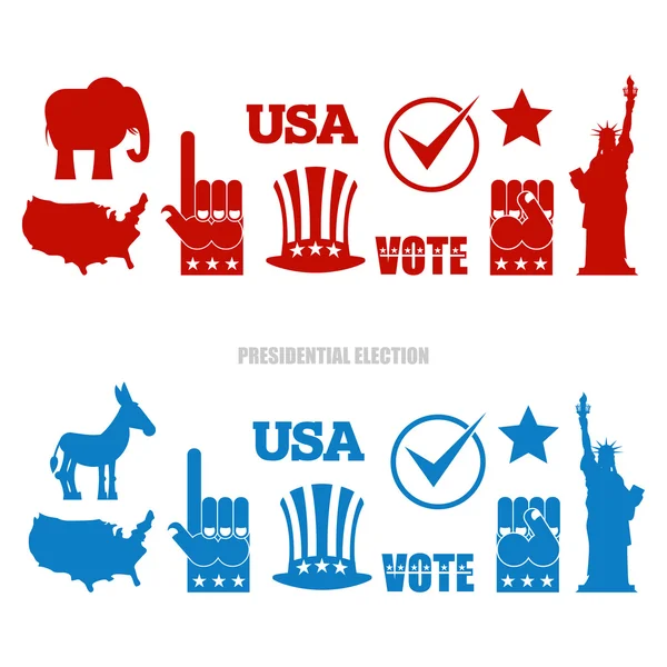 Знак "Американские выборы" установлен. Республиканский слон и демократ — стоковый вектор