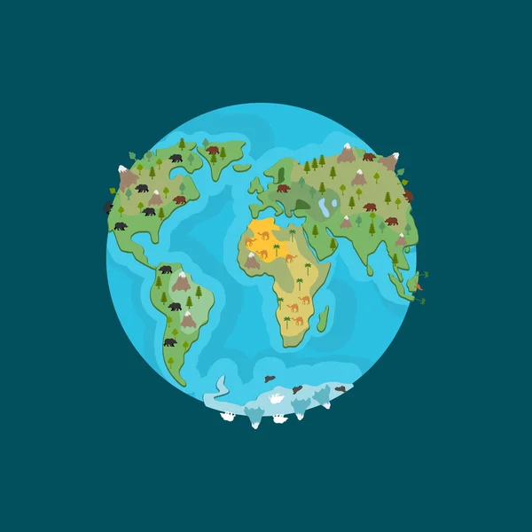 Planète Terre et animaux. Bête sur les continents. Carte du monde. Géogra — Image vectorielle