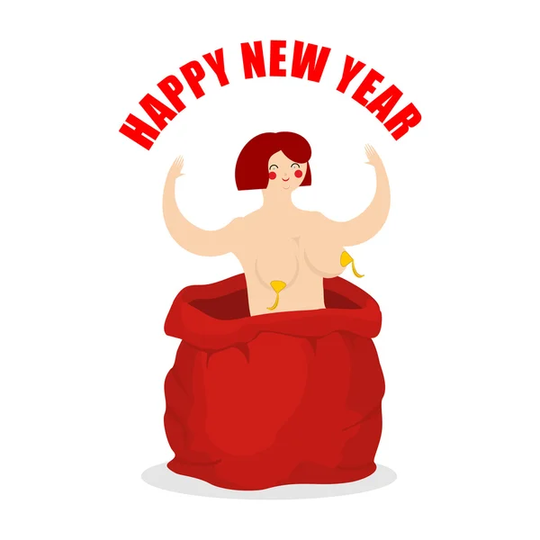 Stripper in red sack of Santa Claus. Adult New Year. Prostitute — Διανυσματικό Αρχείο