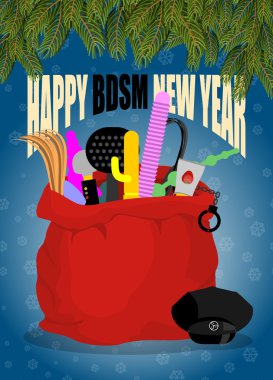 BDSM mutlu yeni yıl. Seks oyuncakları kırmızı Noel Baba çuvalı. Yetişkin Ne