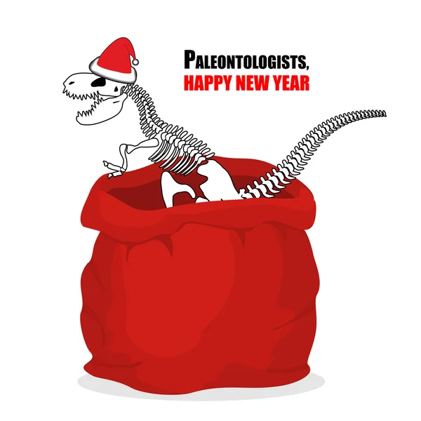 Az őslénykutatók új évet. Dinoszaurusz csontváz piros zsák Santa Cl — Stock Vector