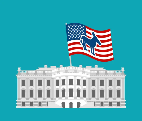 Demokrat kazanmak Beyaz Saray. Mavi bayrak eşek. Siyasi Başkan — Stok Vektör