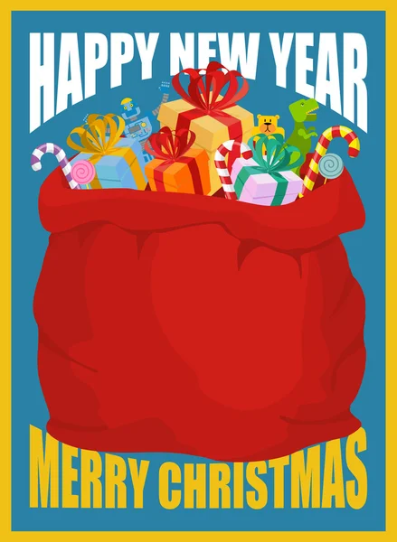 Feliz Año Nuevo tarjeta retro. Bolsa de Santa Claus con regalos. Lleno s — Vector de stock