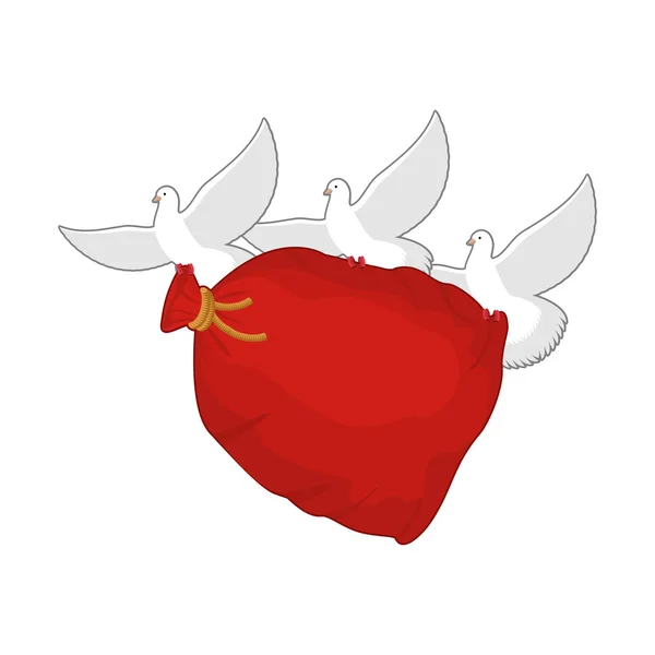 Tauben-Weihnachtsmann trägt Sack mit Geschenken. rote Tasche für Spielzeug und — Stockvektor