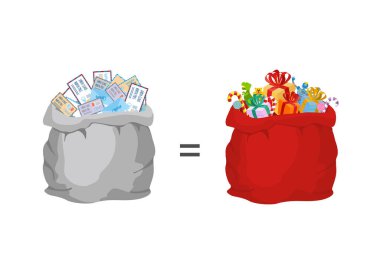 Noel Baba ve hediyeler ile kırmızı büyük çuval harflerle çanta. Hasta