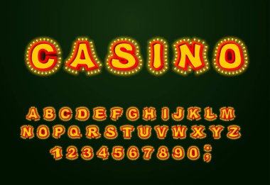 Casino yazı tipi. Parlayan lamba harfler. Retro alfabesi lambalar ile. Vi