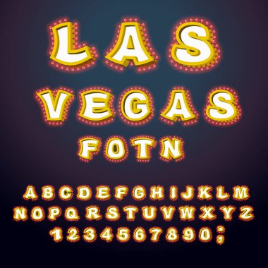 Las Vegas yazı tipi. Parlayan lamba harfler. Retro alfabesi lambalar ile.