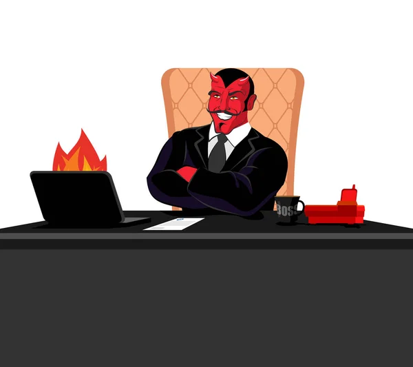 Satanás jefe sentado en el cargo. Diablo del lugar de trabajo. Demonio rojo en w — Archivo Imágenes Vectoriales