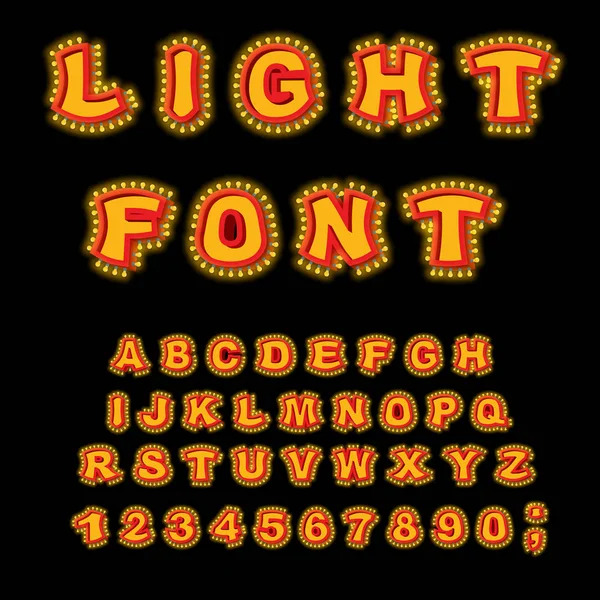 Light font. Retro Alphabet with lamps. Glowing letters. ABC poin — Stock Vector