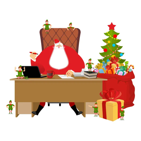 Santas Bureau de travail. Père Noël au travail. Aide elfe de Noël. Gros ! — Image vectorielle