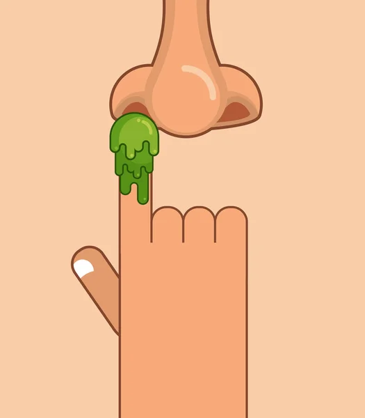 Booger on finger. Pick your nose snivel. Hand and snot. Green sl — Stock Vector