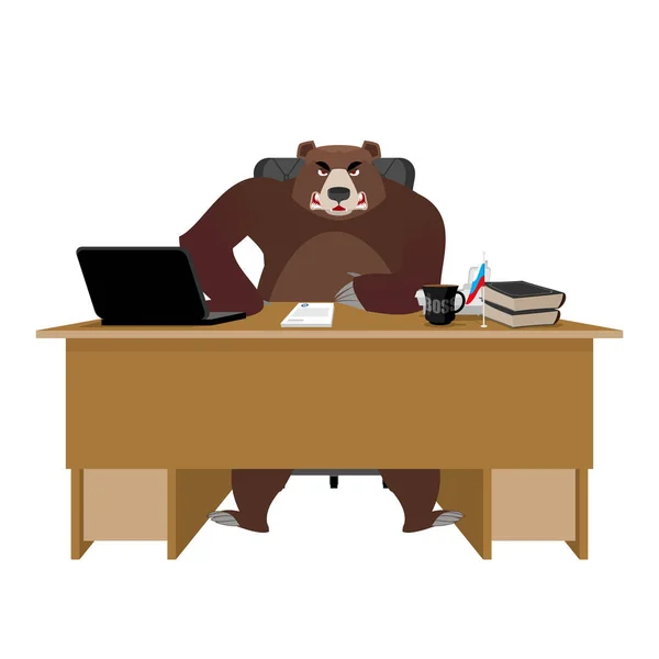 Bear sitting in an office. Russian boss at table. Businessman fr — Stock Vector