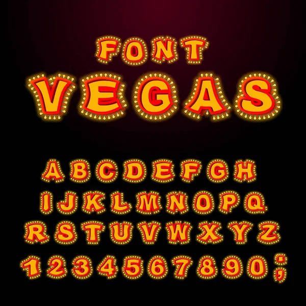 Vegas font. Glowing lamp letters. Retro Alphabet with lamps. Vin — Stock Vector